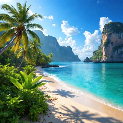 The image features a beautiful beach with a clear blue ocean. The sandy beach is surrounded by palm trees, creating a tropical atmosphere. The primary subject of the image is the beach and the ocean, with the palm trees serving as a backdrop. The visual style of the image is a photo, capturing the natural beauty of the beach and the ocean. The colors and mood of the image are vibrant and serene, with the blue ocean and the green palm trees creating a sense of relaxation and tranquility.